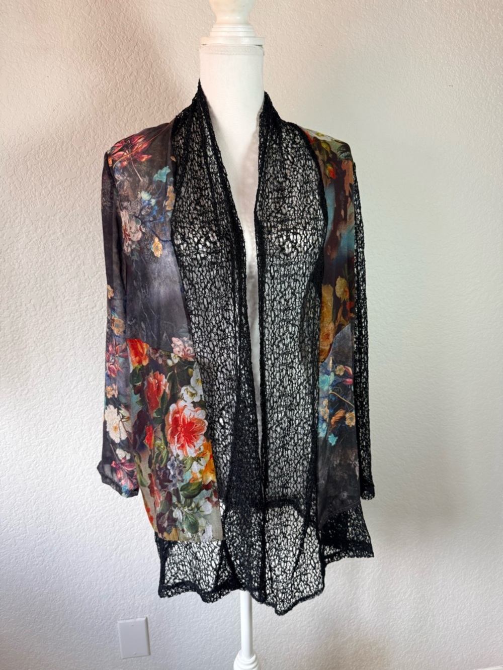 Anise A Black Floral Kimono Duster Sheer Women's M